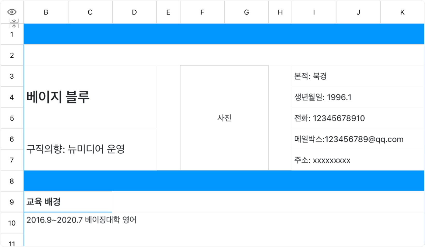 파란색 구직 이력서